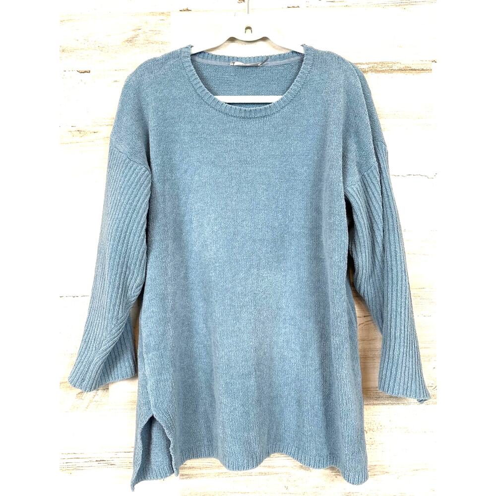 Natori Womens M Light Blue Oversized Knit Tunic Sweater Soft Cozy Casual
